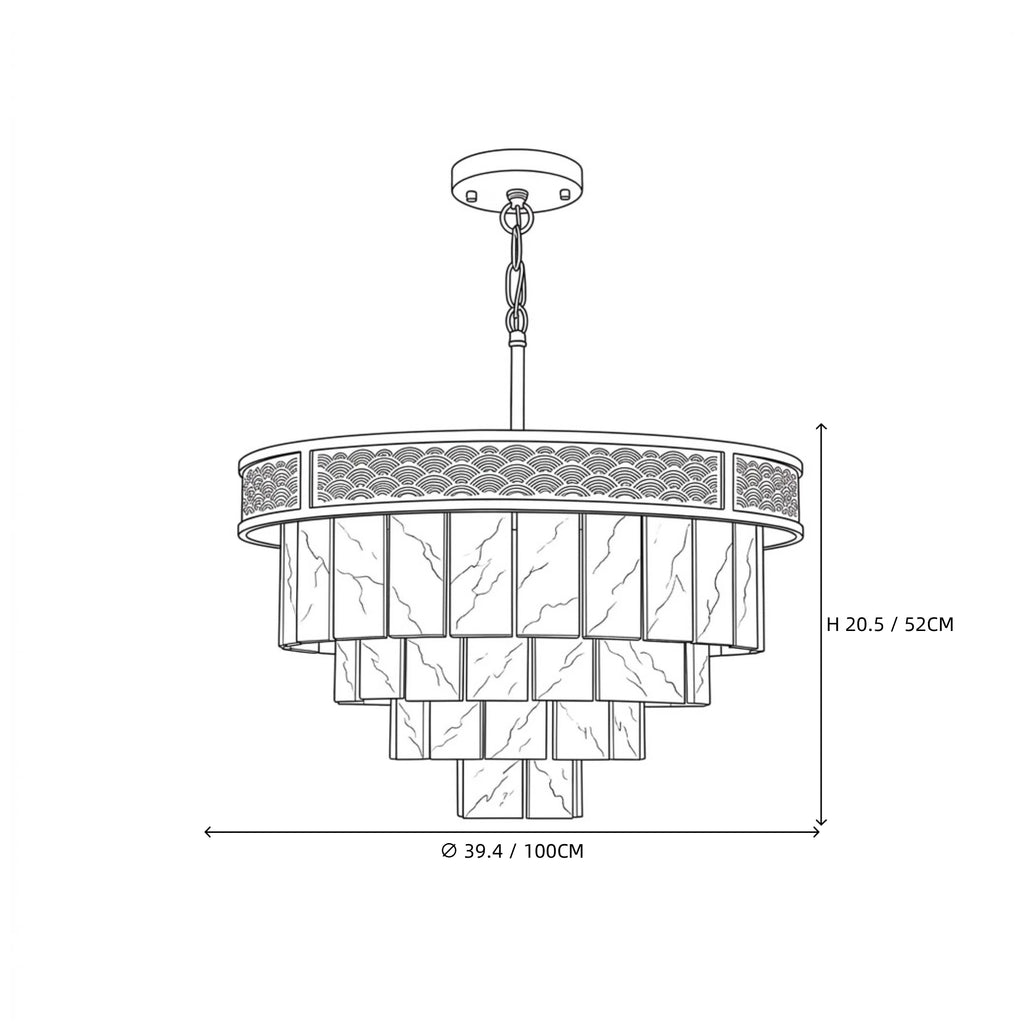 Modern Tiered Alabaster and Pierced Metal Band Chandelier Line Art Dimension Diagram