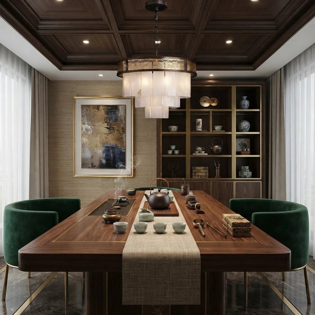 Modern Tiered Alabaster Chandelier in Grand Dining Room Setting