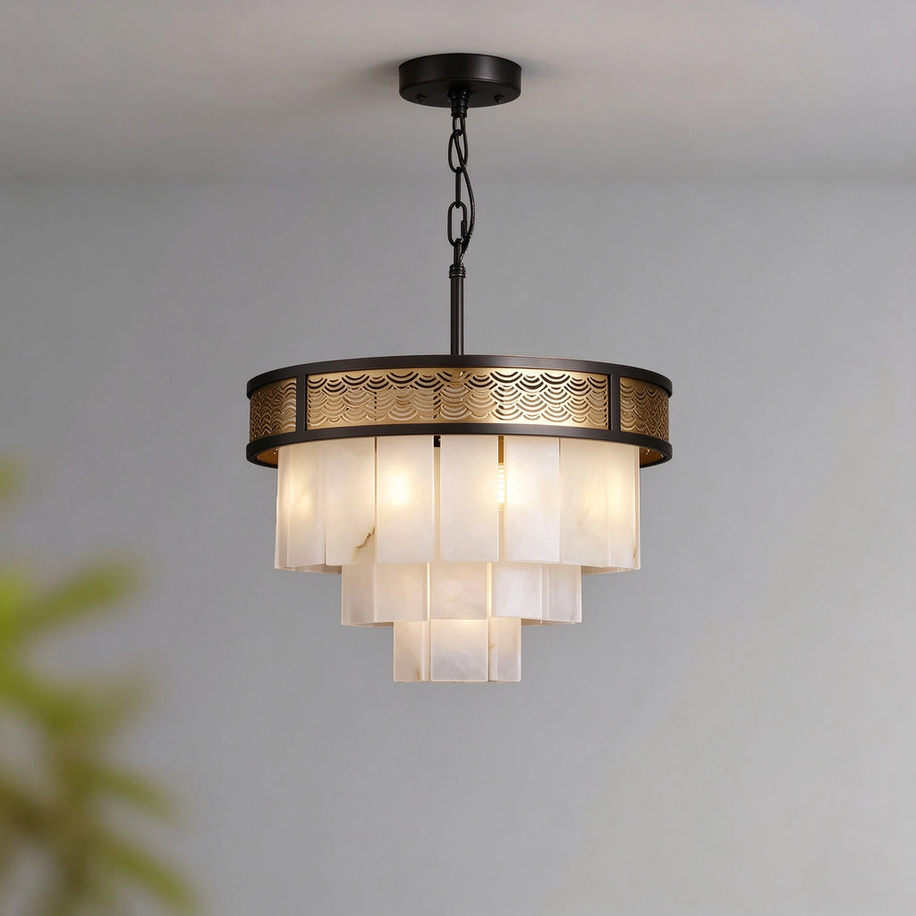 Illuminated Modern Tiered Alabaster and Pierced Metal Band Chandelier Studio Shot on Grey Background