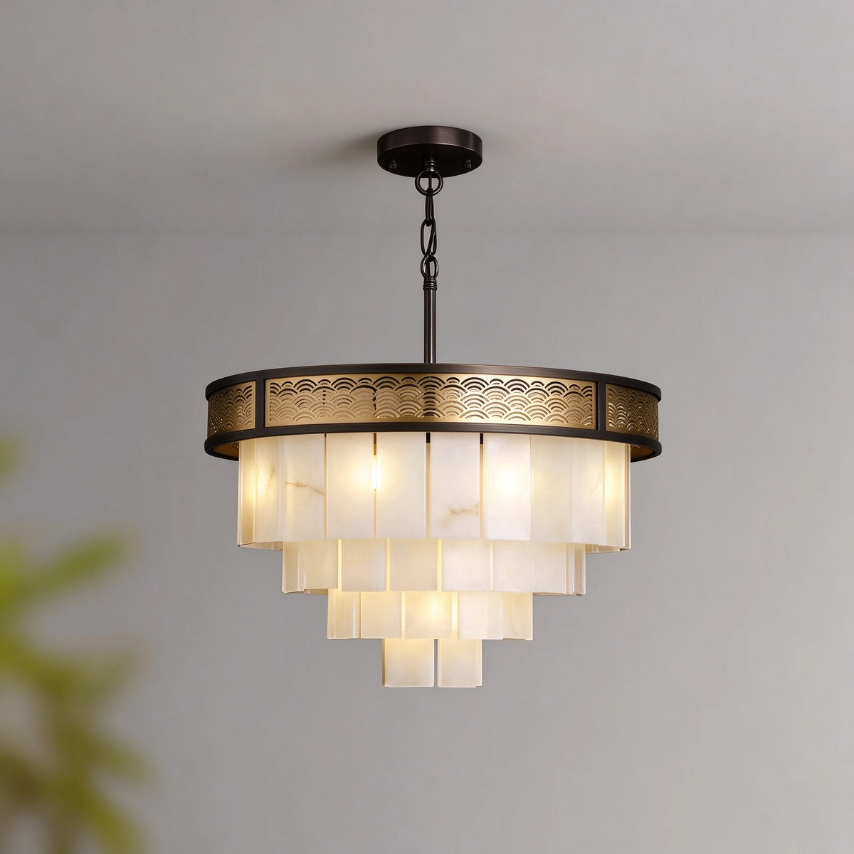 Illuminated Modern Tiered Alabaster Chandelier Side View Display