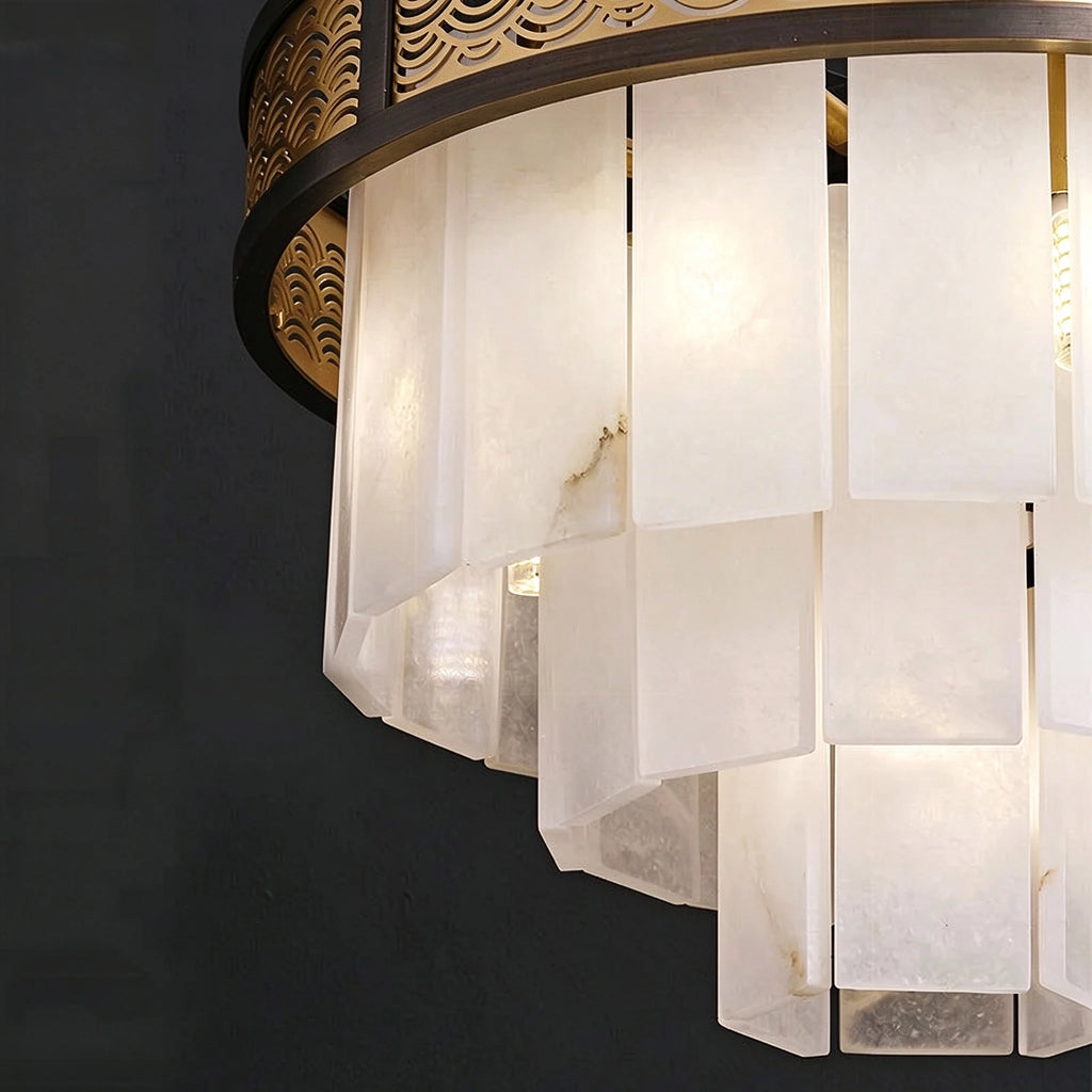 Close Up View of Tiered Alabaster Shades Warm Glow and Vein Details