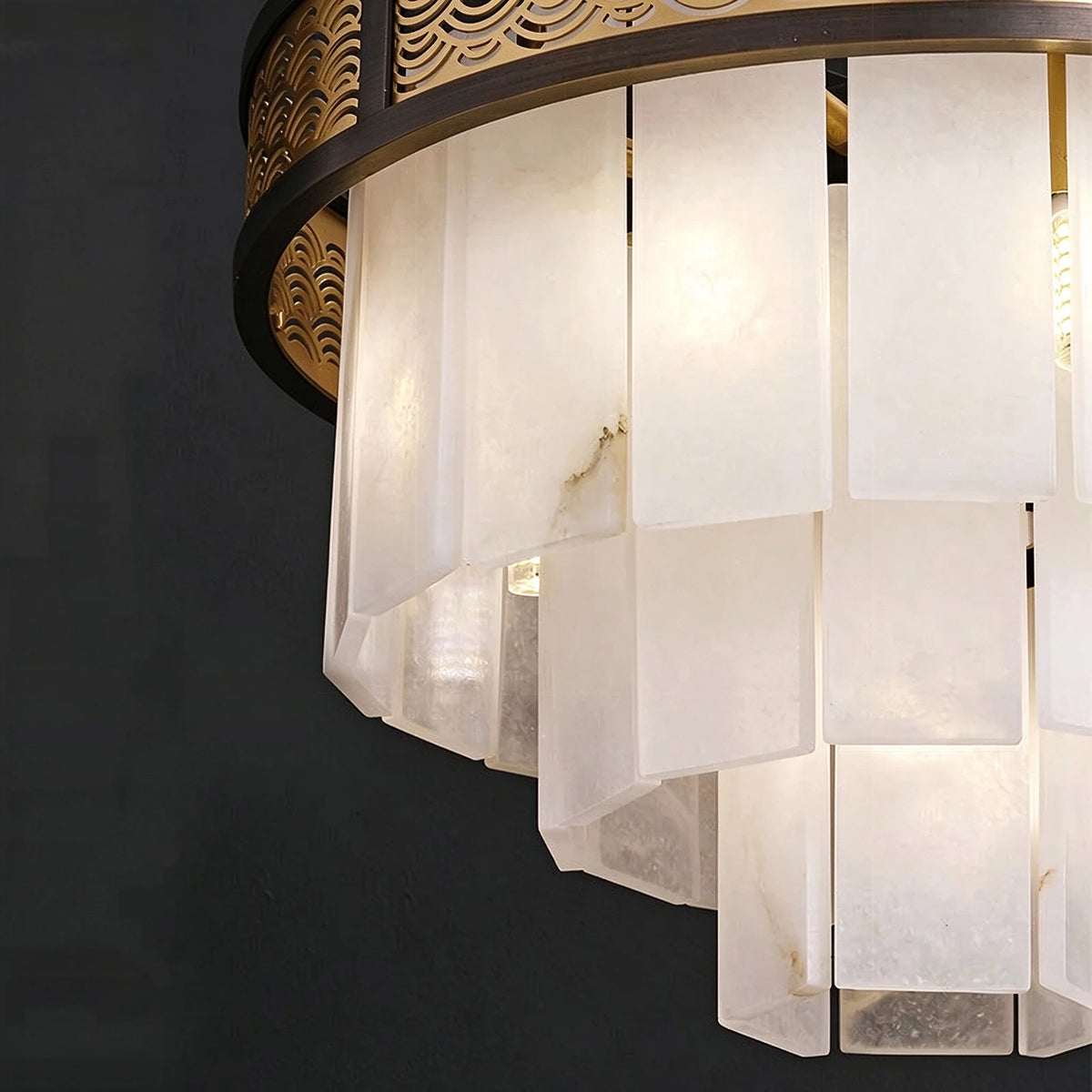 Close Up View of Tiered Alabaster Shades Warm Glow and Vein Details