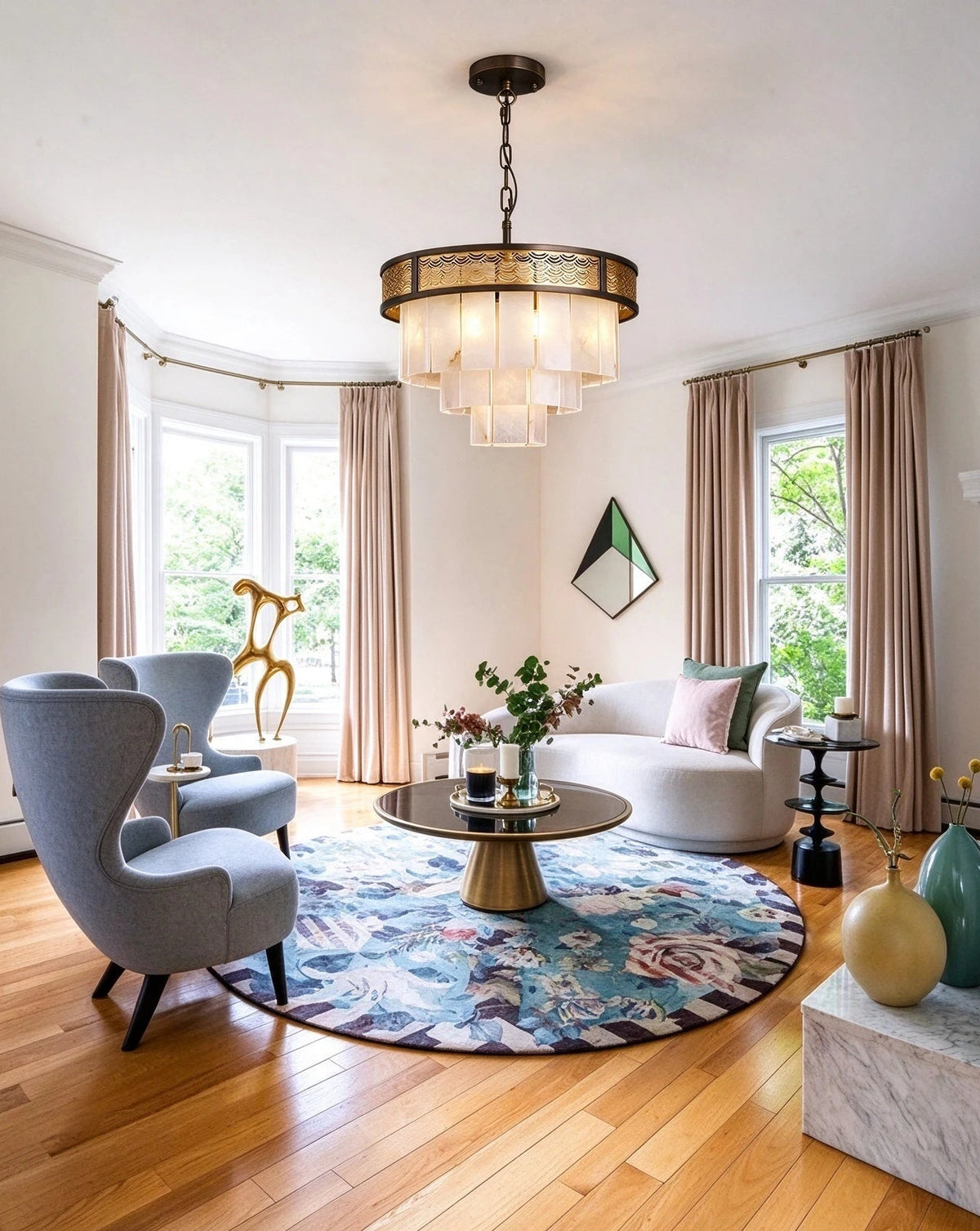 Modern Tiered Alabaster Chandelier in Bright Contemporary Living Area