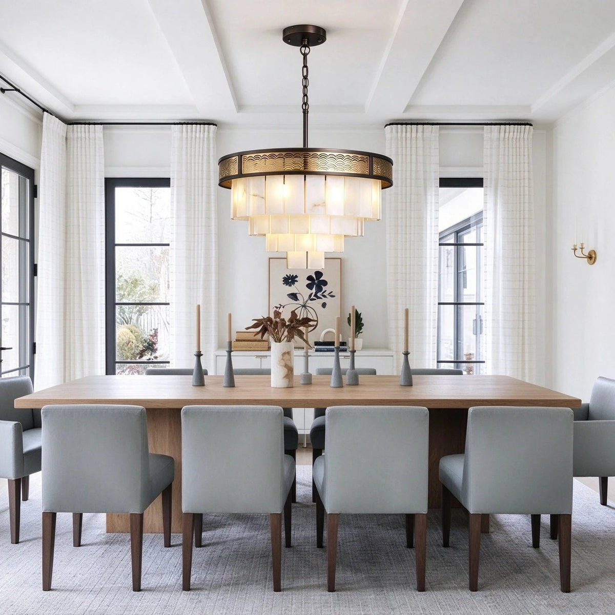 Modern Pierced Metal Band Chandelier in Elegant Dining Room