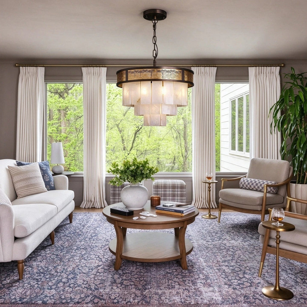 Modern Tiered Alabaster Chandelier in Cozy Living Room Decor