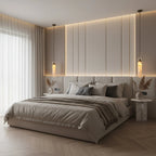 Pair of Alabaster Cylinder Swag Pendant Lights Over Bedside Tables