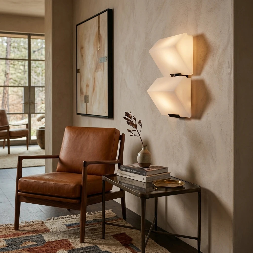 Modern Natural Marble Cube Wall Sconce Above Wooden Credenza in Living Room