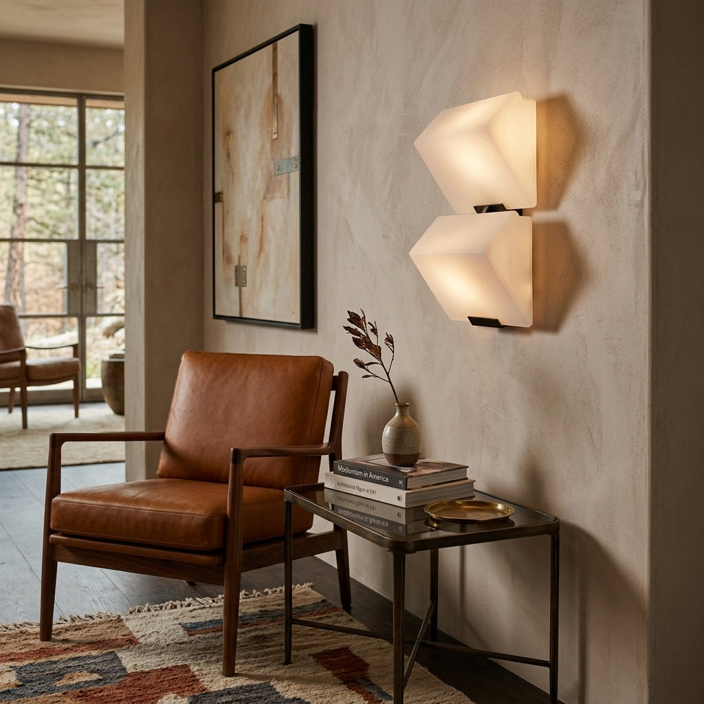 Dual tier alabaster wall sconce mounted inside bright entryway with leather armchair