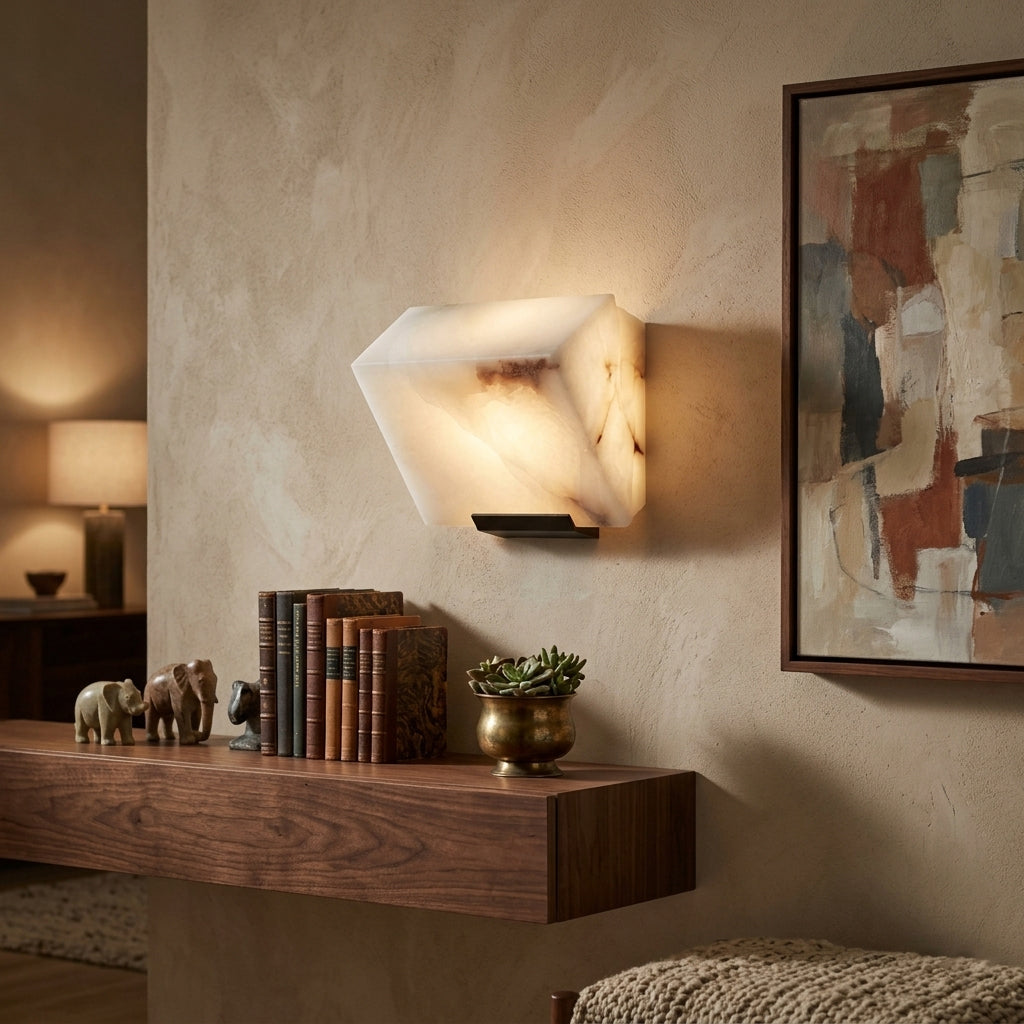 Single tiered alabaster wall sconce glowing on textured plaster wall above wooden sideboard