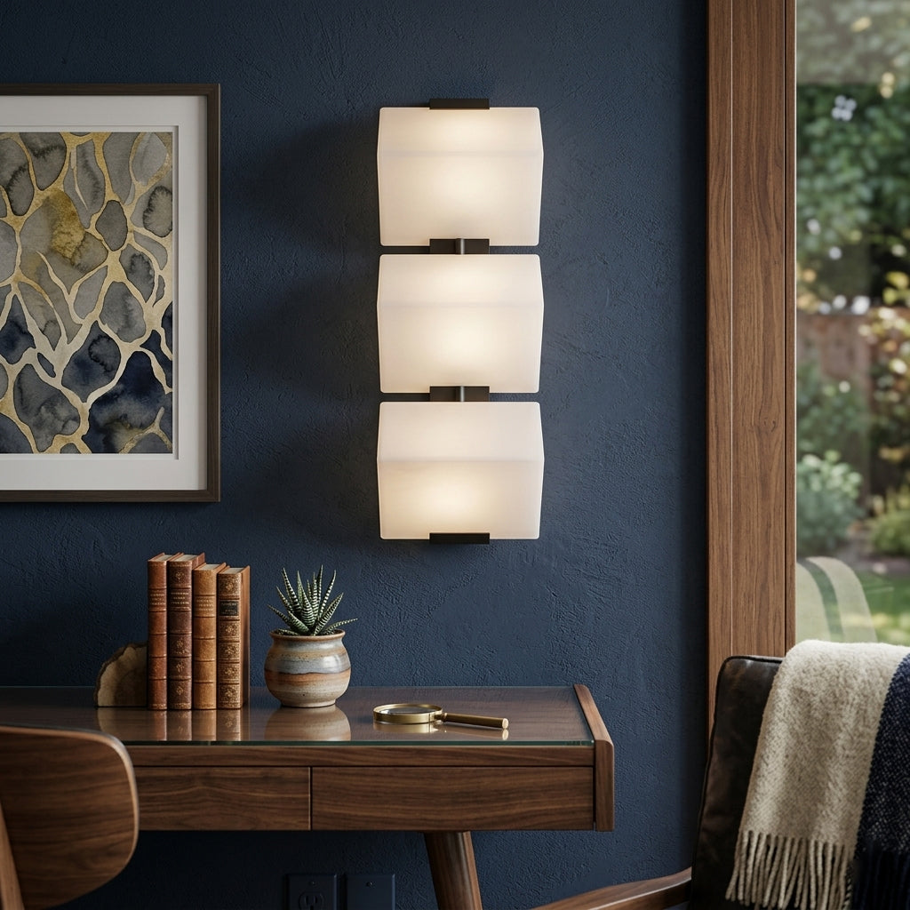 Three tier alabaster wall light installed on dark navy accent wall above timber desk