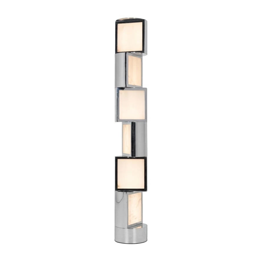 Modern Interlocking Square Block Floor Lamp with Multi-Tier Alabaster Shades and Warm Light on Pure White Background   