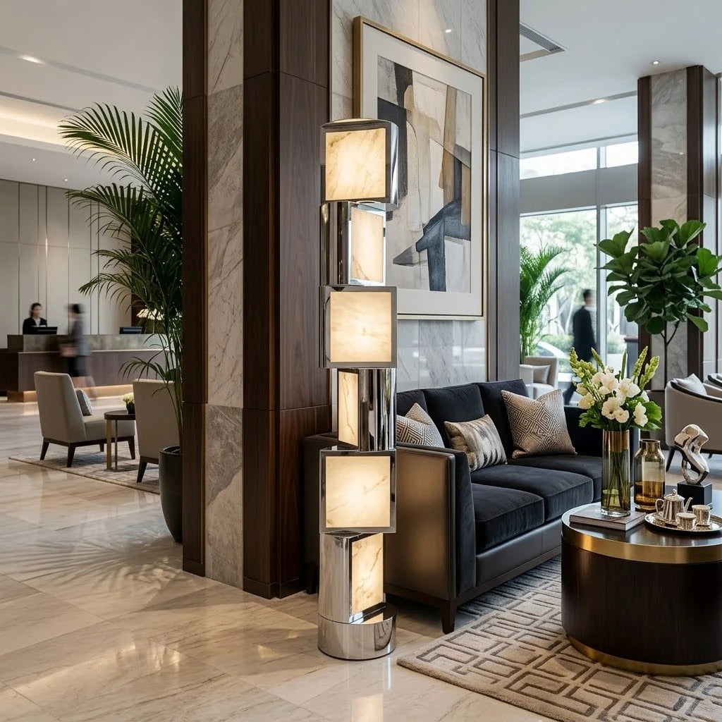 Modern Alabaster Square Block Floor Lamp in Luxury Living Area   