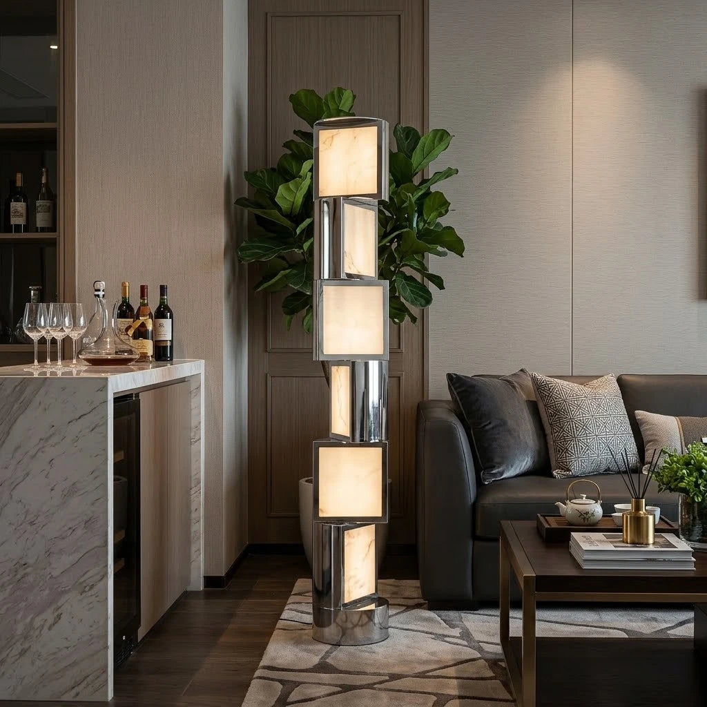 Modern Interlocking Block Floor Lamp in Open Concept Living Space   