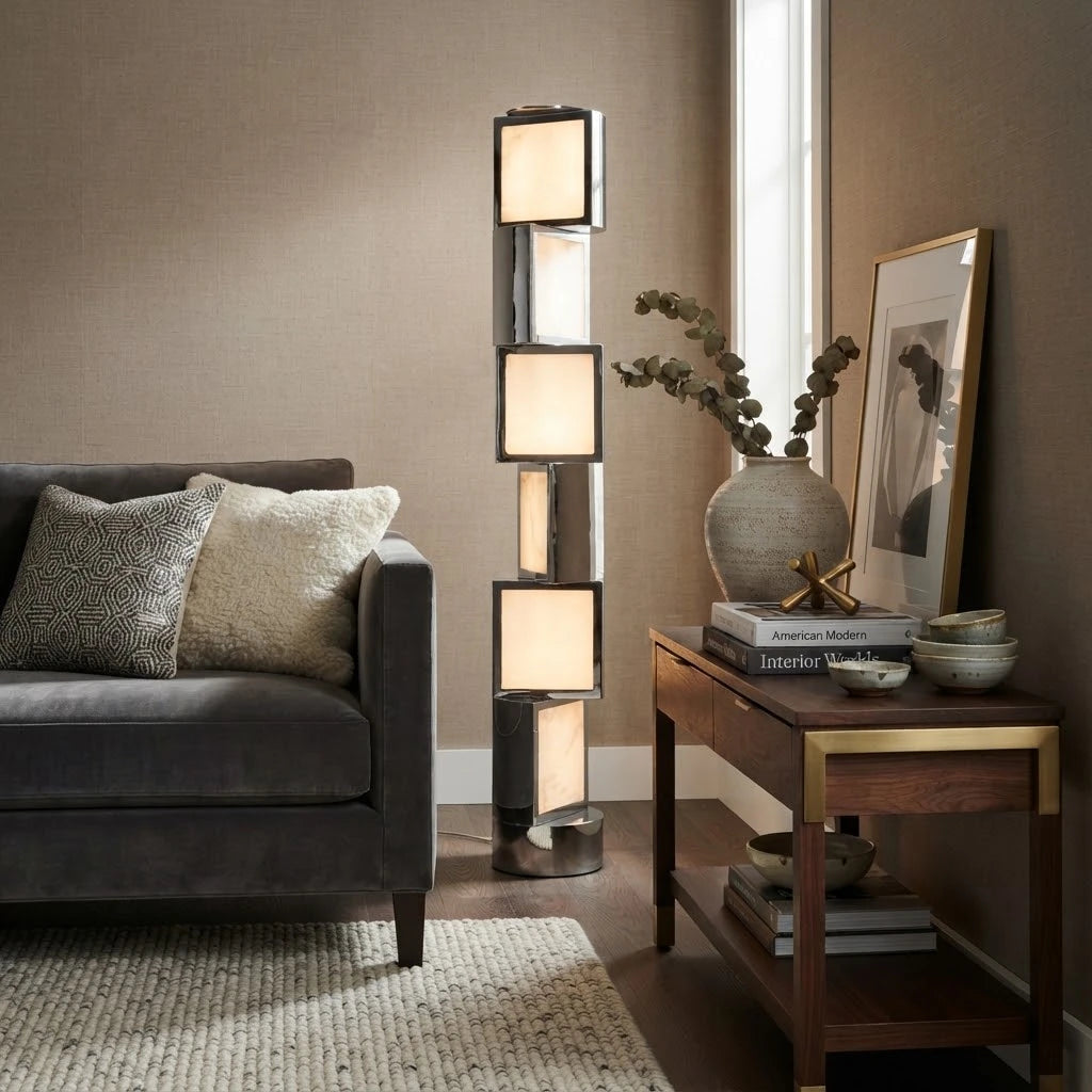 Modern Alabaster Square Block Floor Lamp in Cozy Living Room   