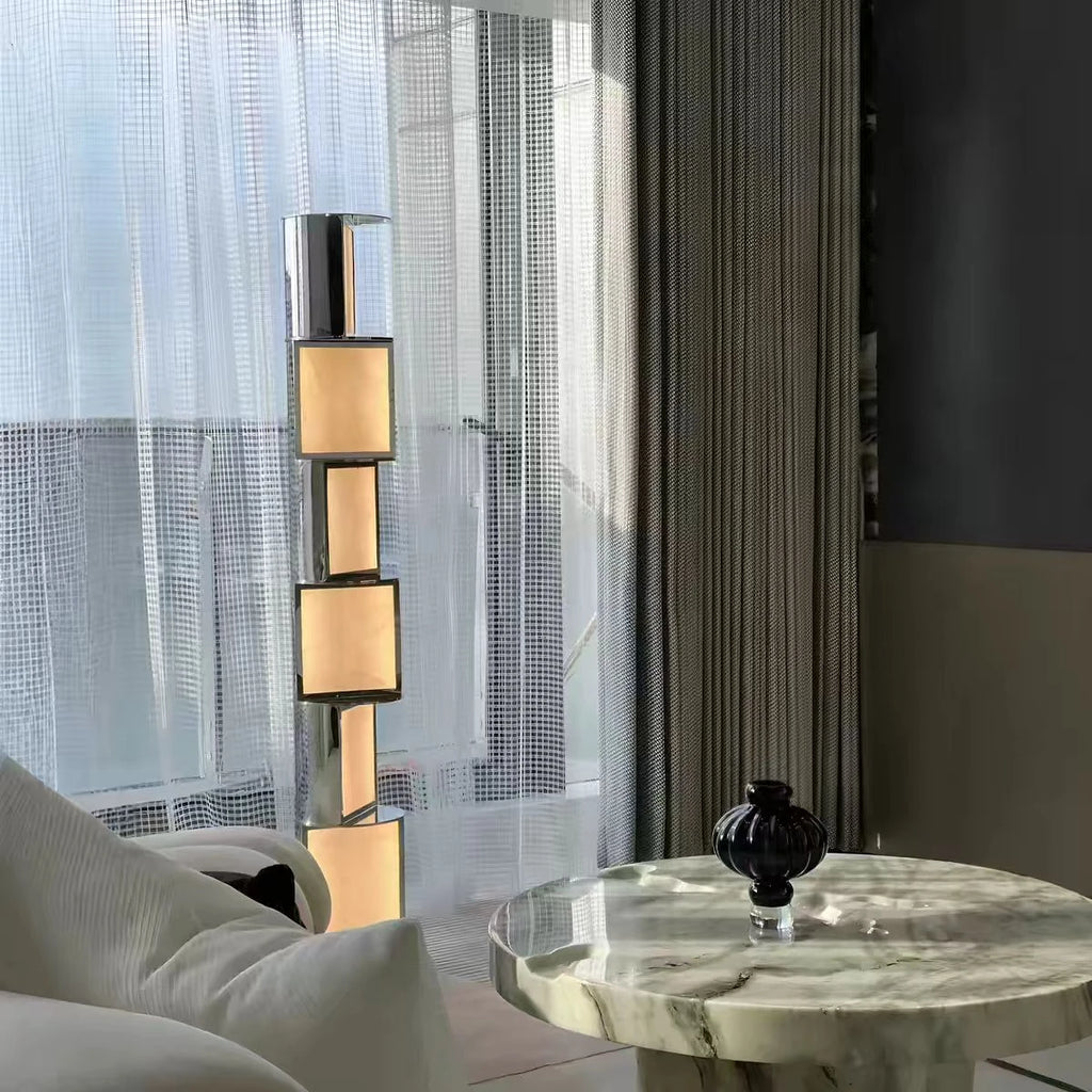 Modern Alabaster Square Block Floor Lamp in Bright Living Room   