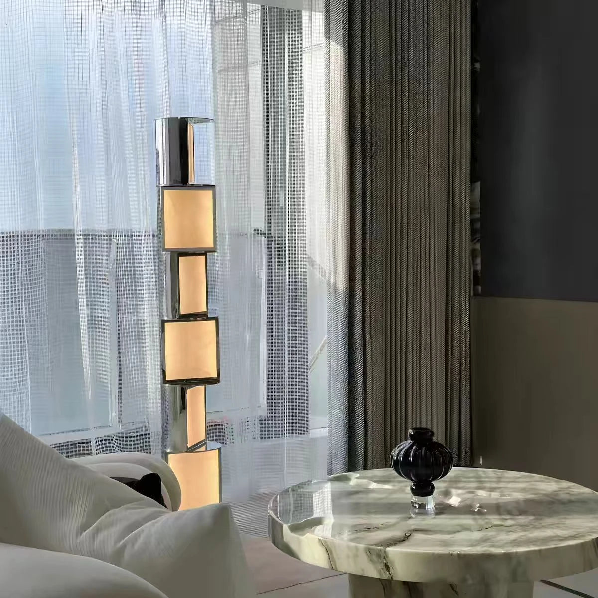 Modern Alabaster Square Block Floor Lamp in Bright Living Room   