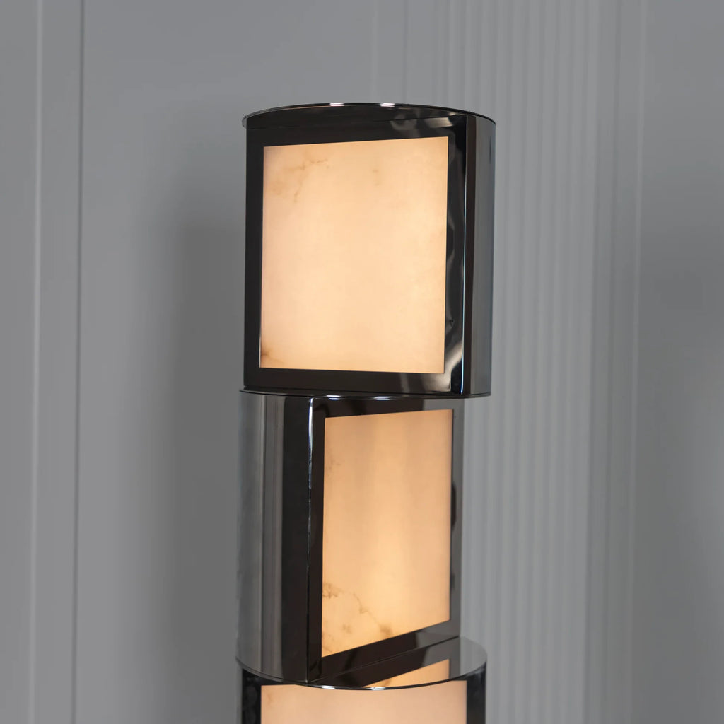 Close Up View of Interlocking Square Alabaster Shades and Metal Frame Details   