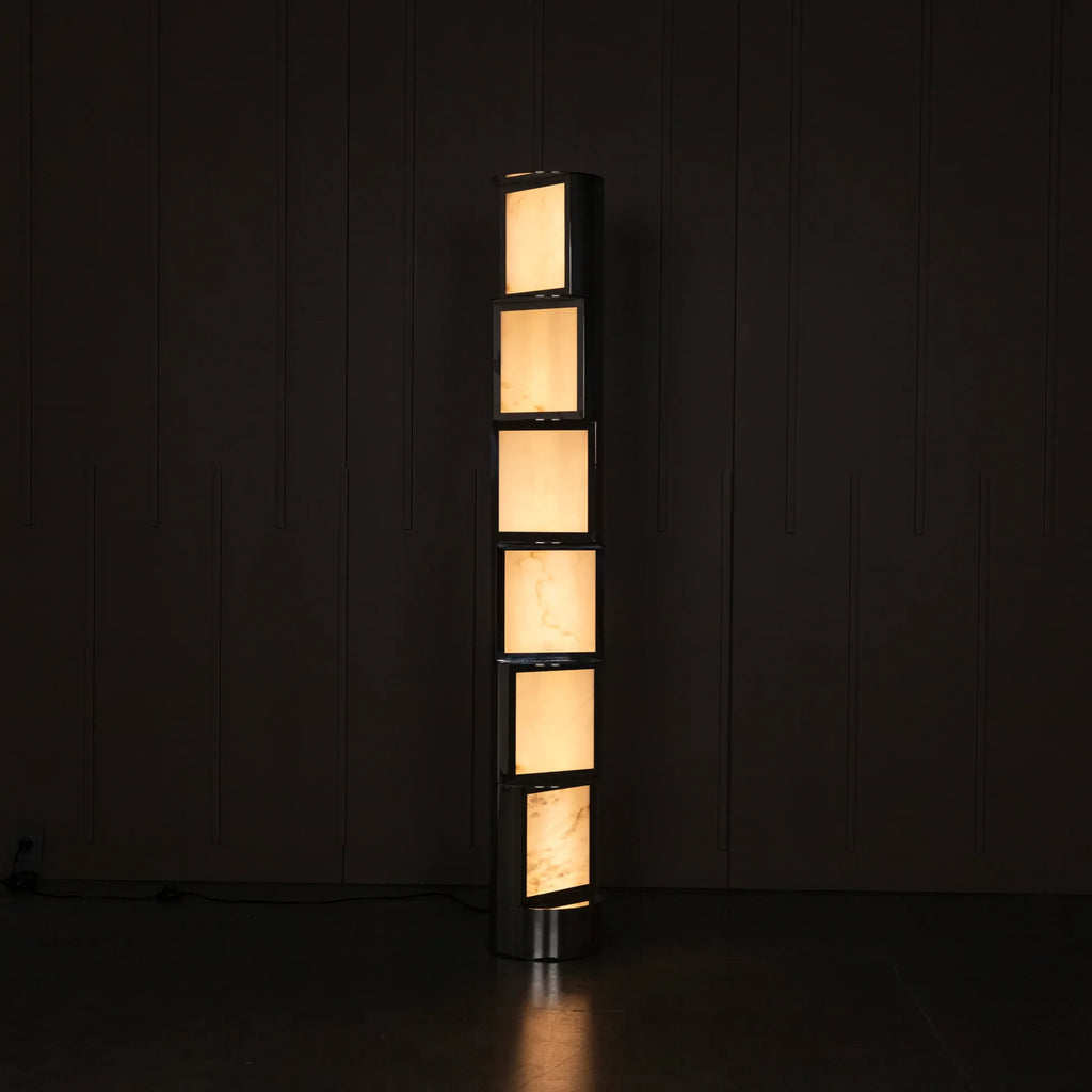 Illuminated Modern Interlocking Block Floor Lamp Full Height Display on Dark Background   