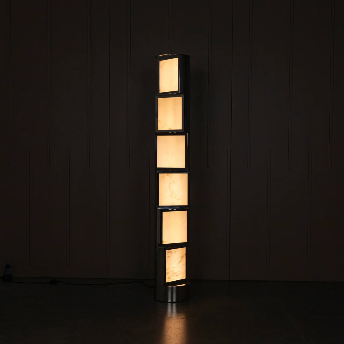 Illuminated Modern Interlocking Block Floor Lamp Full Height Display on Dark Background   