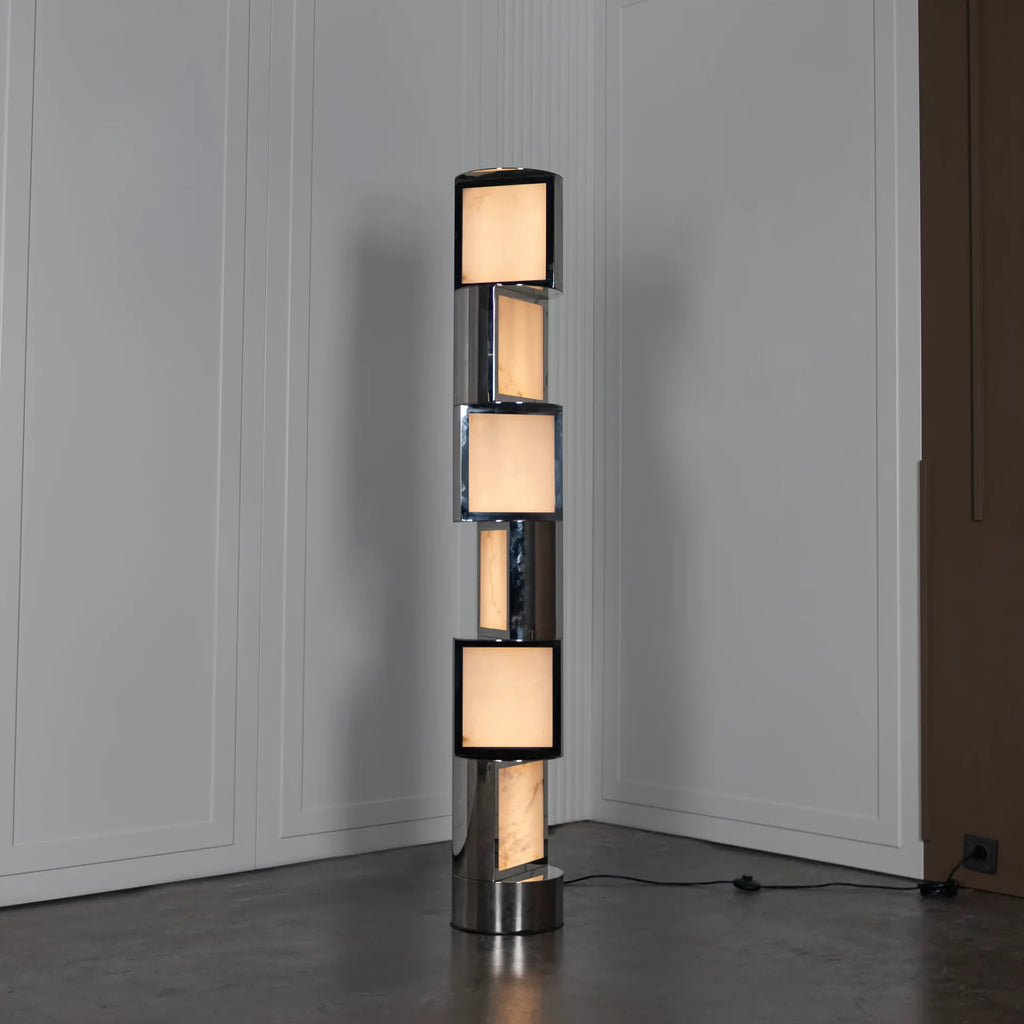 Illuminated Modern Alabaster Square Block Floor Lamp Studio Shot on Dark Background   