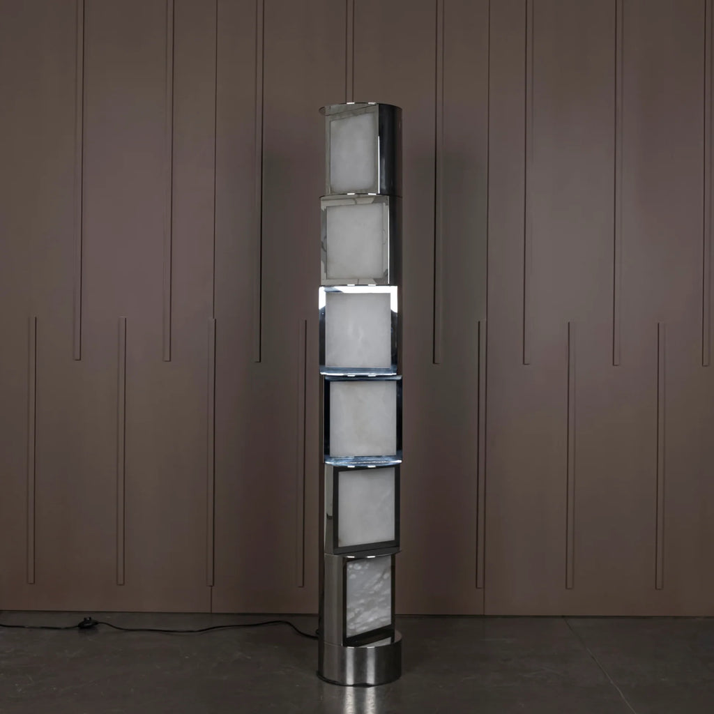 Modern Interlocking Block Floor Lamp Off State Display on Wood Panel Wall   