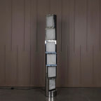 Modern Interlocking Block Floor Lamp Off State Display on Wood Panel Wall   
