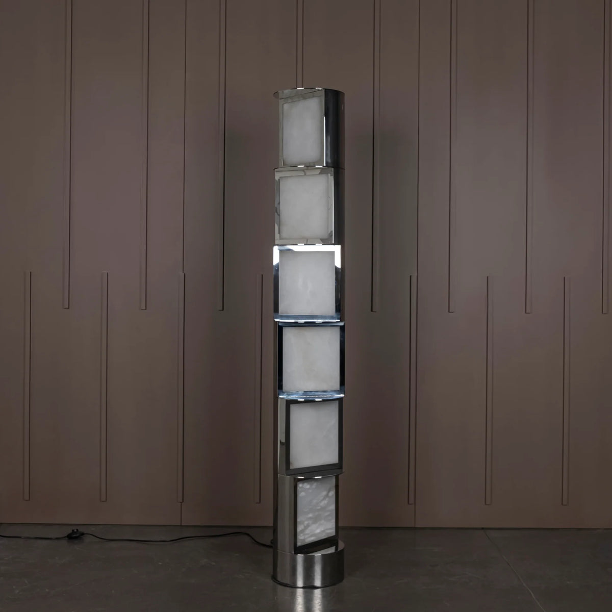 Modern Interlocking Block Floor Lamp Off State Display on Wood Panel Wall   