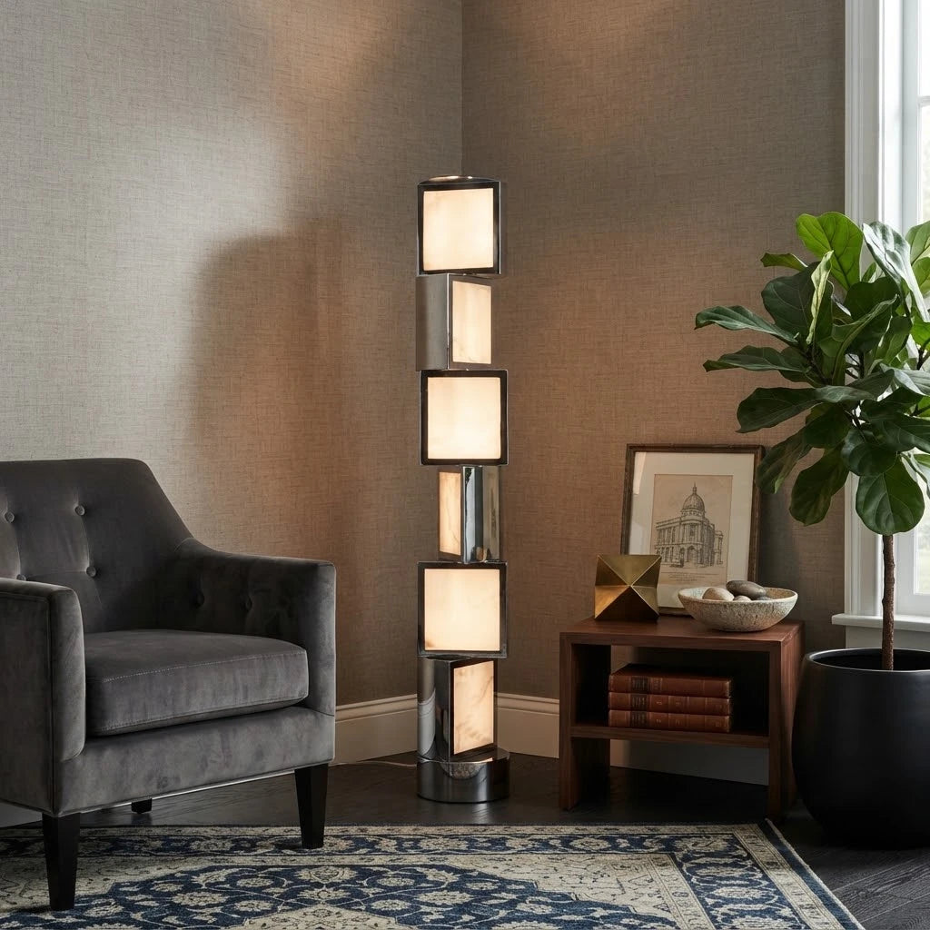 Modern Alabaster Square Block Floor Lamp in Sophisticated Interior Space   
