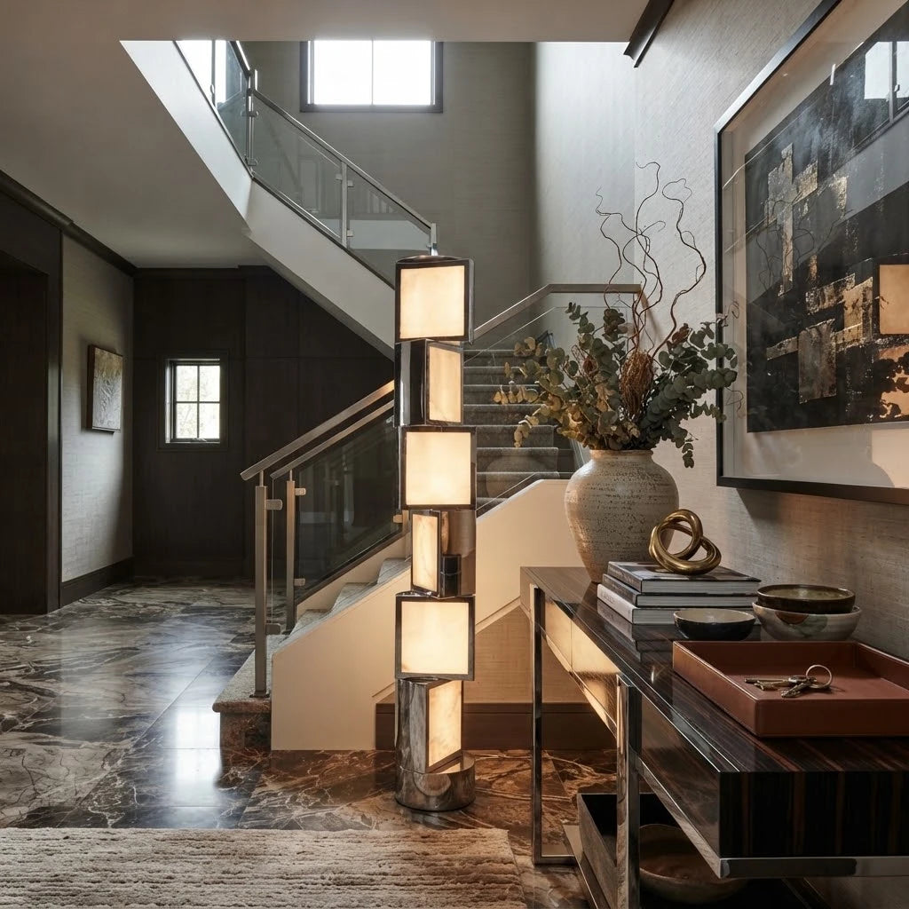 Modern Interlocking Block Floor Lamp in Grand Staircase Foyer   