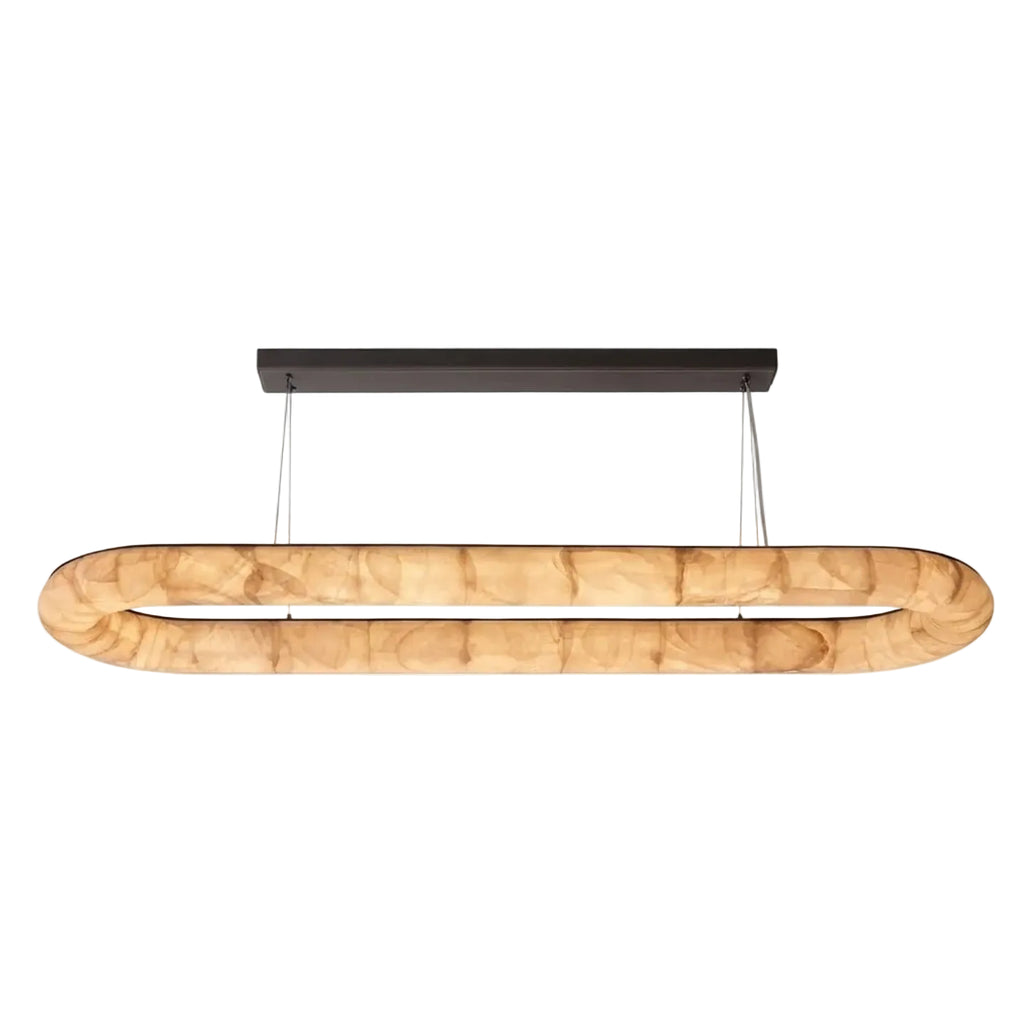 Modern Long Oval Alabaster Pendant Light with Warm Light and Black Ceiling Canopy on Pure White Background