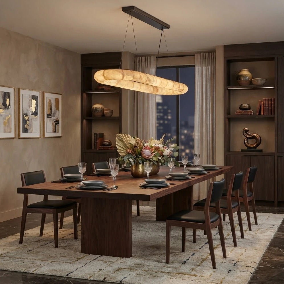 Modern Long Oval Pendant Light in Designer Dining Space
