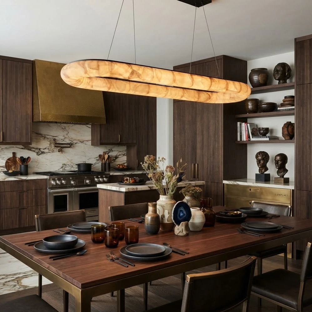 Modern Alabaster Pendant Light in Open Concept Kitchen Dining