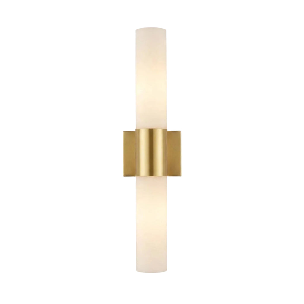 Modern Brass Square Band and Alabaster Cylinder Wall Sconce with Double Frosted Glass Shades and Warm Light on Pure White Background   