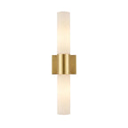 Modern Brass Square Band and Alabaster Cylinder Wall Sconce with Double Frosted Glass Shades and Warm Light on Pure White Background   