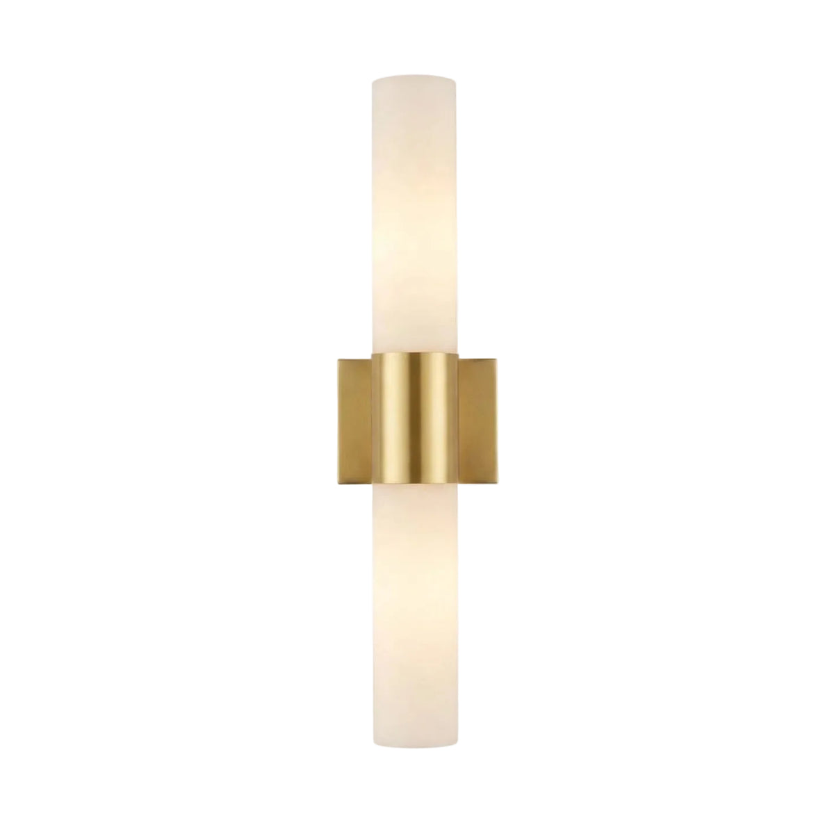 Modern Brass Square Band and Alabaster Cylinder Wall Sconce with Double Frosted Glass Shades and Warm Light on Pure White Background   