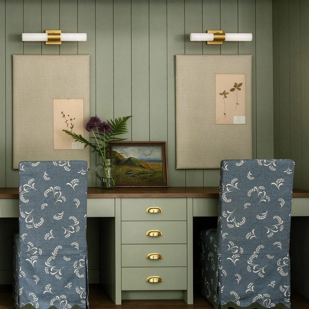 Modern Brass Square Band Wall Sconce in Executive Office Setting