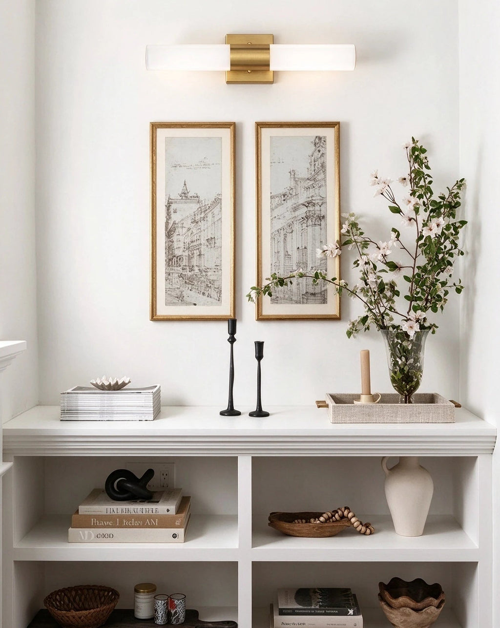 Modern Alabaster Cylinder Wall Sconce in Designer Hallway Corridor