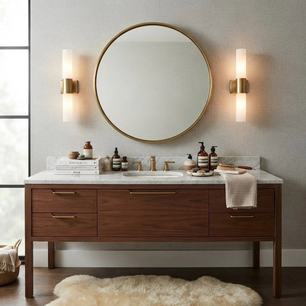 Modern Alabaster Cylinder Wall Sconce in Luxury Bathroom Vanity Space