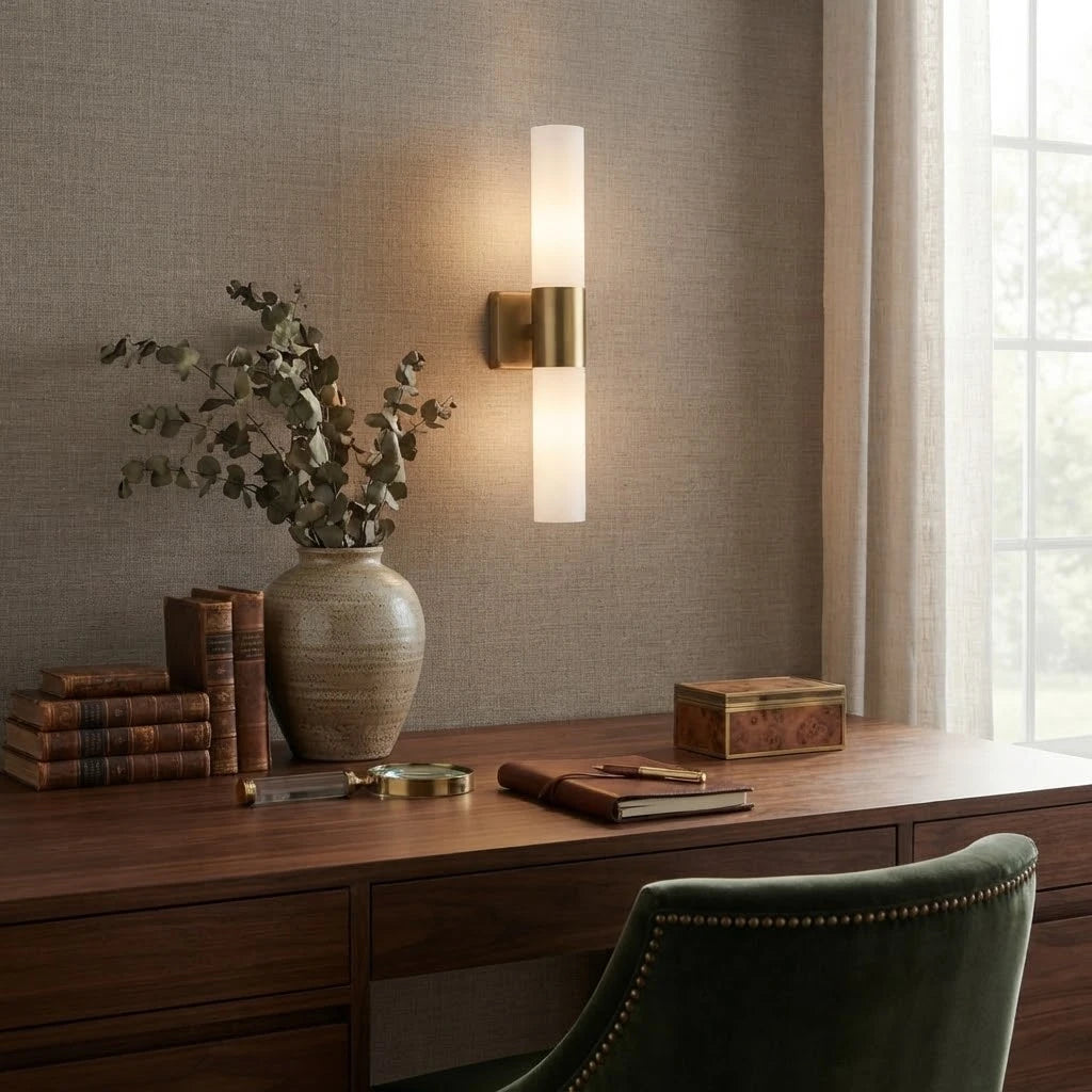 Modern Alabaster Cylinder Wall Sconce in Cozy Home Office