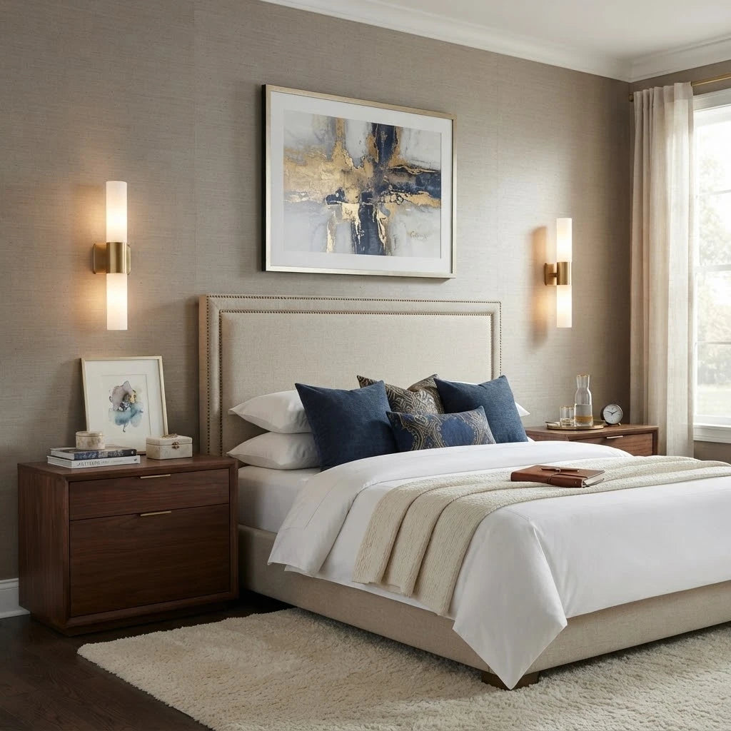 Modern Alabaster Cylinder Wall Sconce in Cozy Master Bedroom Setting   