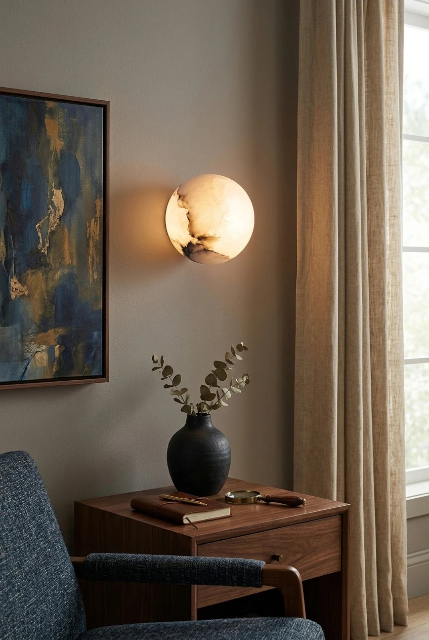 Modern Marble Globe Art Wall Sconce in Elegant Living Room Interior