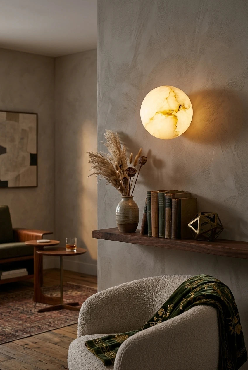Modern Natural Marble Globe Wall Sconce in Cozy Living Space Setting