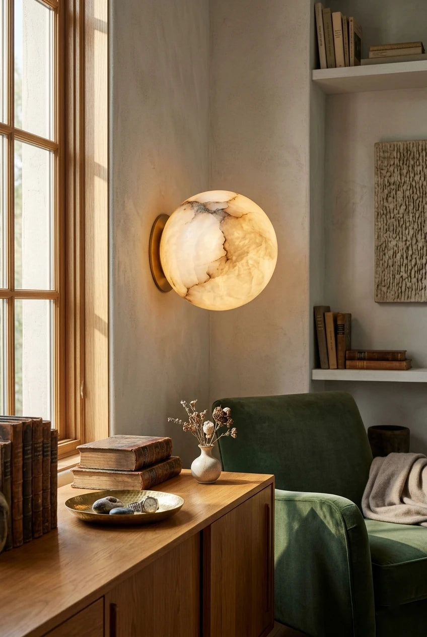 Illuminated Modern Marble Globe Wall Sconce Above Wooden Credenza in Living Room