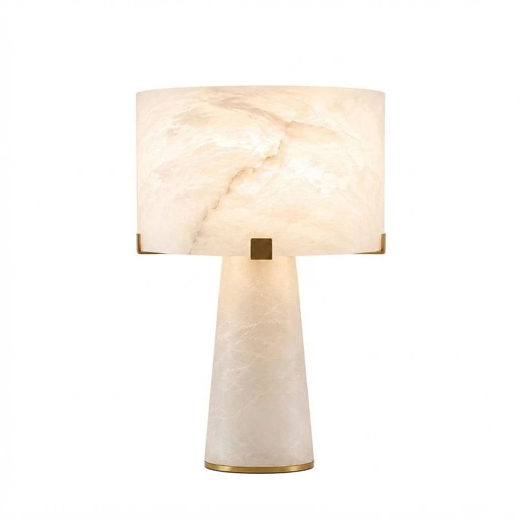 Modern Solid Alabaster Cylinder Table Lamp with Matching Alabaster Shade and Brass Accents on Pure White Background