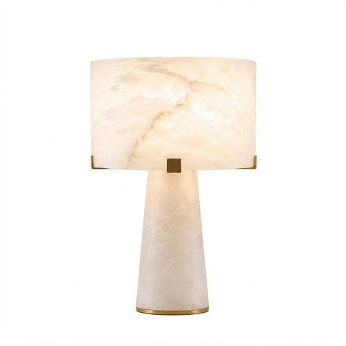 Modern Solid Alabaster Cylinder Table Lamp with Matching Alabaster Shade and Brass Accents on Pure White Background
