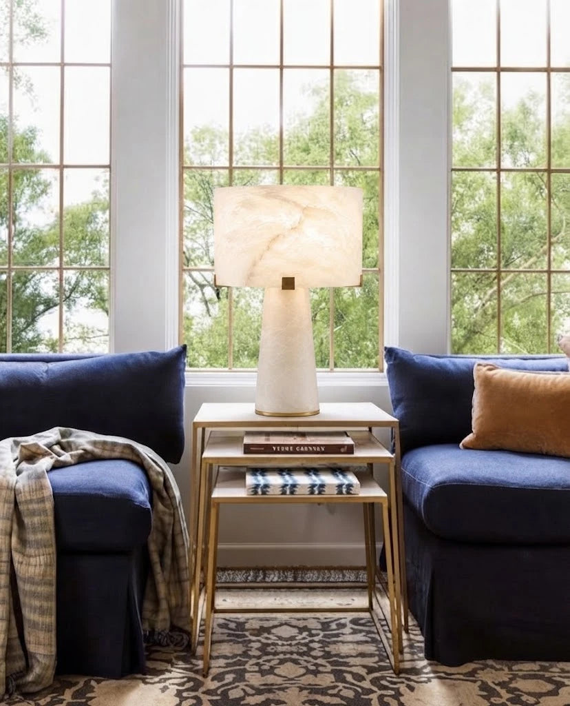 Modern Solid Alabaster Table Lamp in Cozy Living Area