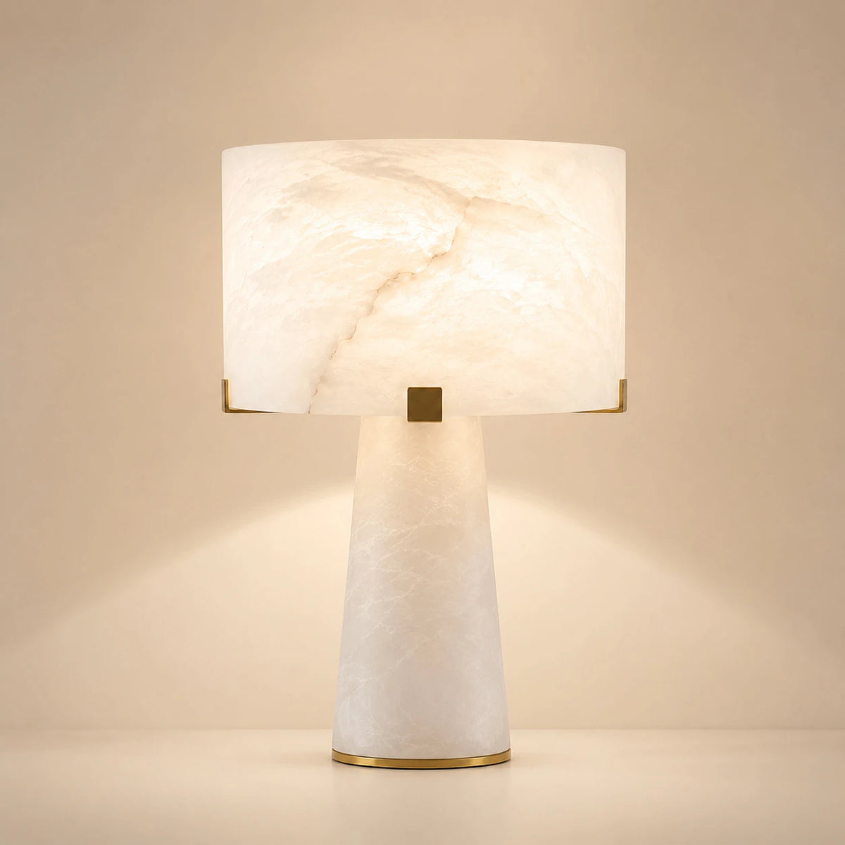 Illuminated Modern Solid Alabaster Cylinder Table Lamp Studio Shot on Dark Background