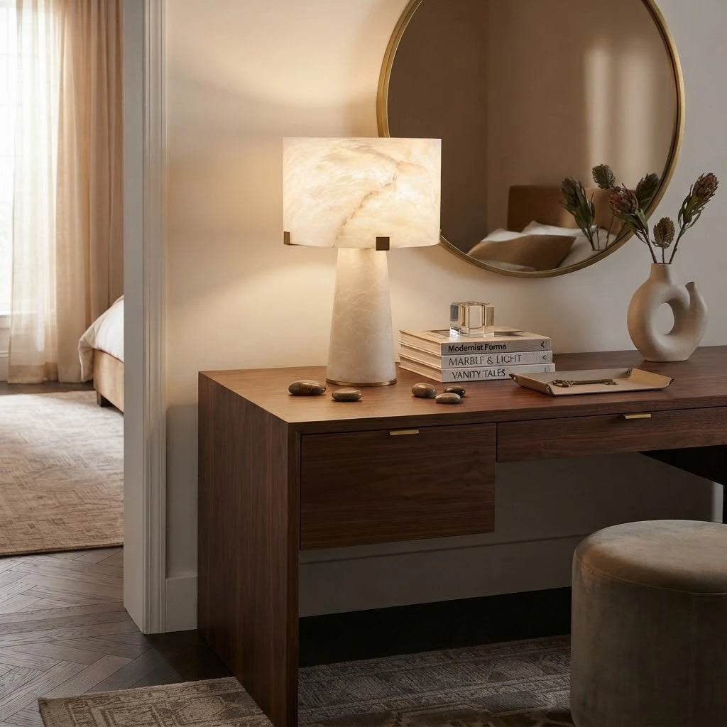 Modern Alabaster Cylinder Table Lamp in Luxury Vanity Space