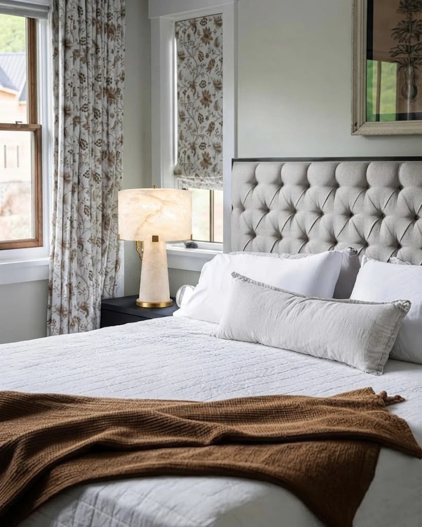 Modern Solid Alabaster Table Lamp in Cozy Bedroom Setting