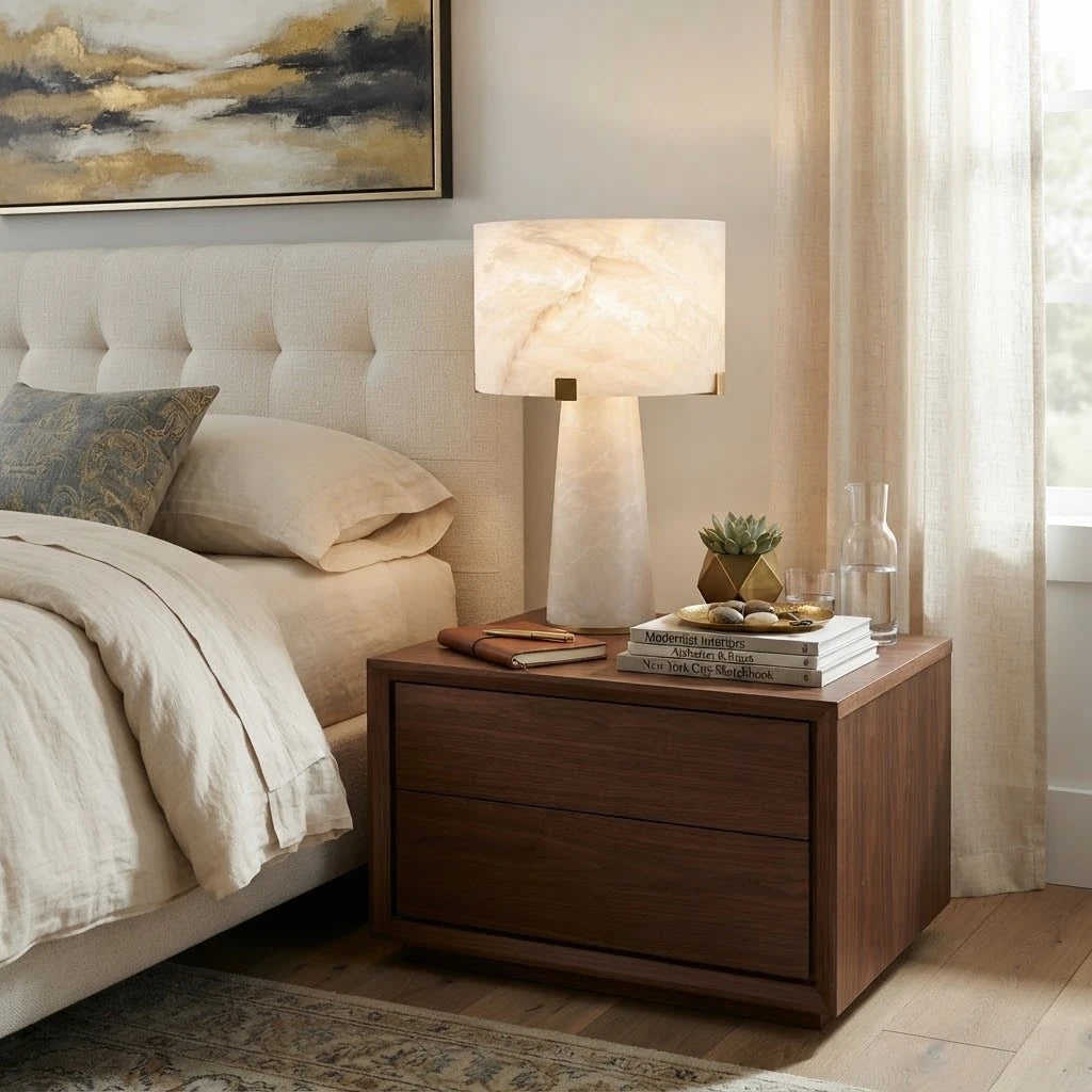 Modern Alabaster Cylinder Table Lamp in Master Bedroom Interior